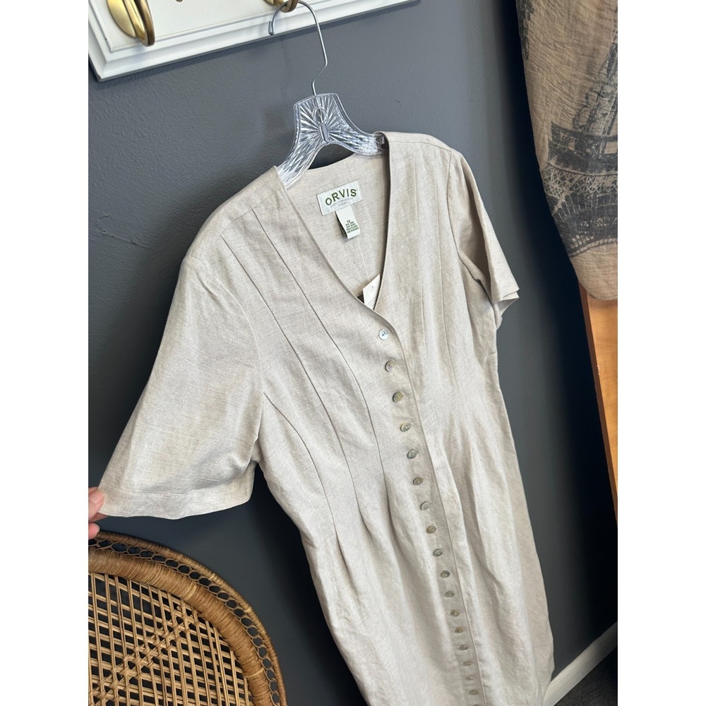 Vintage 90s Orvis Womens Size 12 Linen Blend Beige Button Down Midi Dress NWT